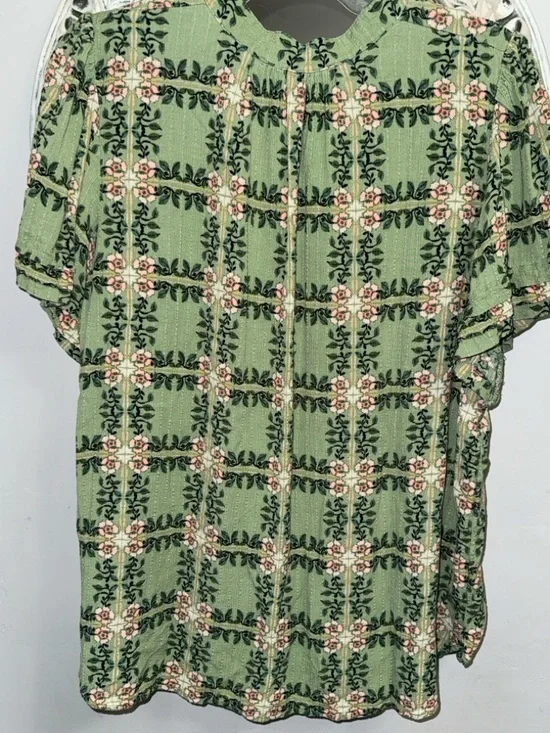 LOFT Green Floral Grid V-Neck Short Sleeve Blouse - Picture 8 of 9